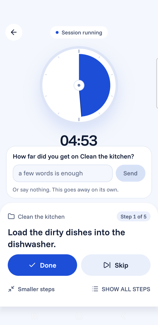 A short question from Wimmo partway through a running session: "How far did you get on Clean the kitchen?"