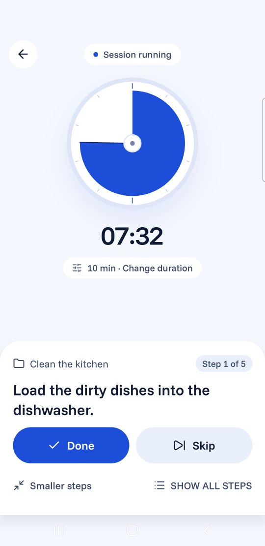 A running Wimmo session: the timer at 7 minutes 32 seconds, and the first step for "Clean the kitchen": "Load the dirty dishes into the dishwasher."