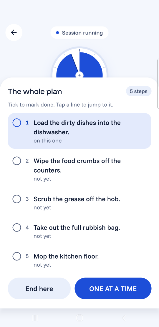 The whole plan for "Clean the kitchen", listed as five steps from "Load the dirty dishes into the dishwasher." to "Mop the kitchen floor."